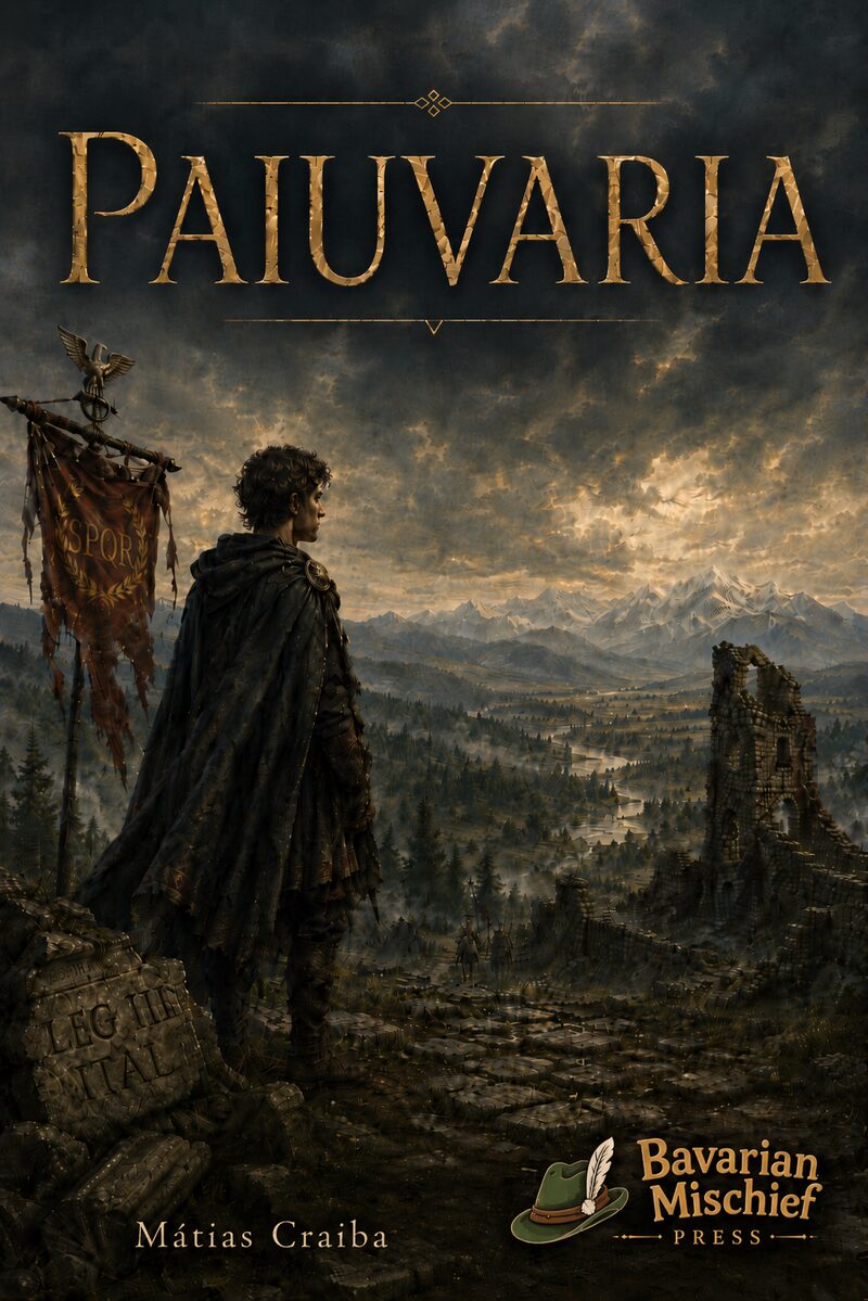 Paiuvaria — a Roman youth gazing over an alpine valley toward distant mountains and ruins