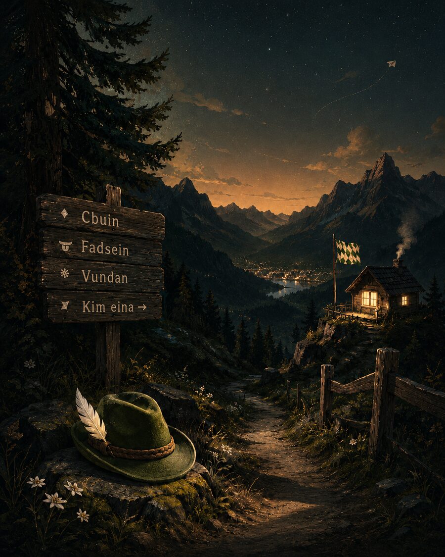 A Bavarian alpine scene at dusk — wooden signpost reading Cbuin · Fadsein · Vundan · Kim eina, with a feathered hat in the foreground and a cabin flying the Bavarian flag